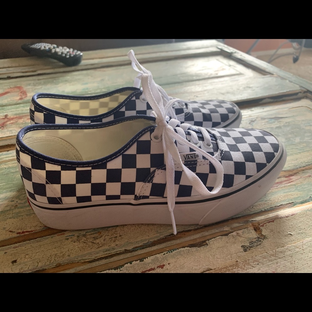 Blue and white checkered platform Vans